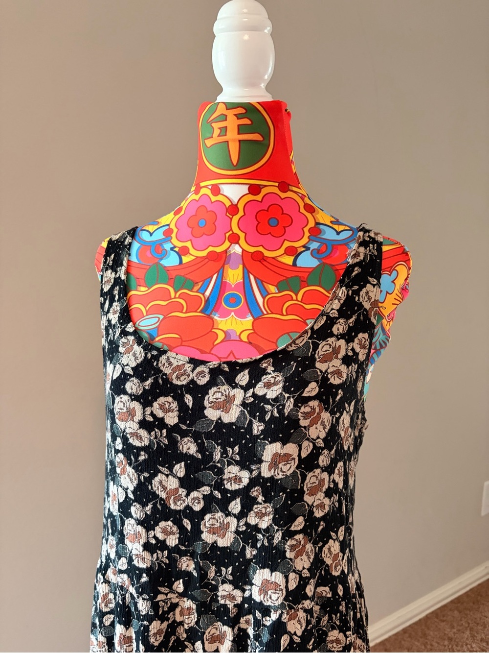 90s Black Floral Tank Dress with Cream and Brown Roses